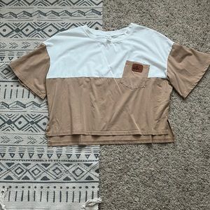 Fashion MBC wear, medium, white and tan over sized cropped t shirt